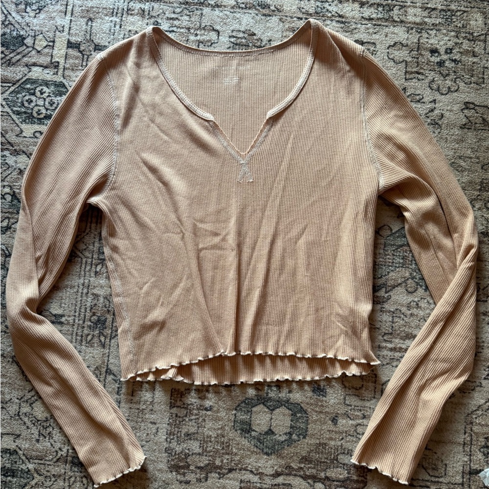 Women's Tan V-Neck Ribbed Top